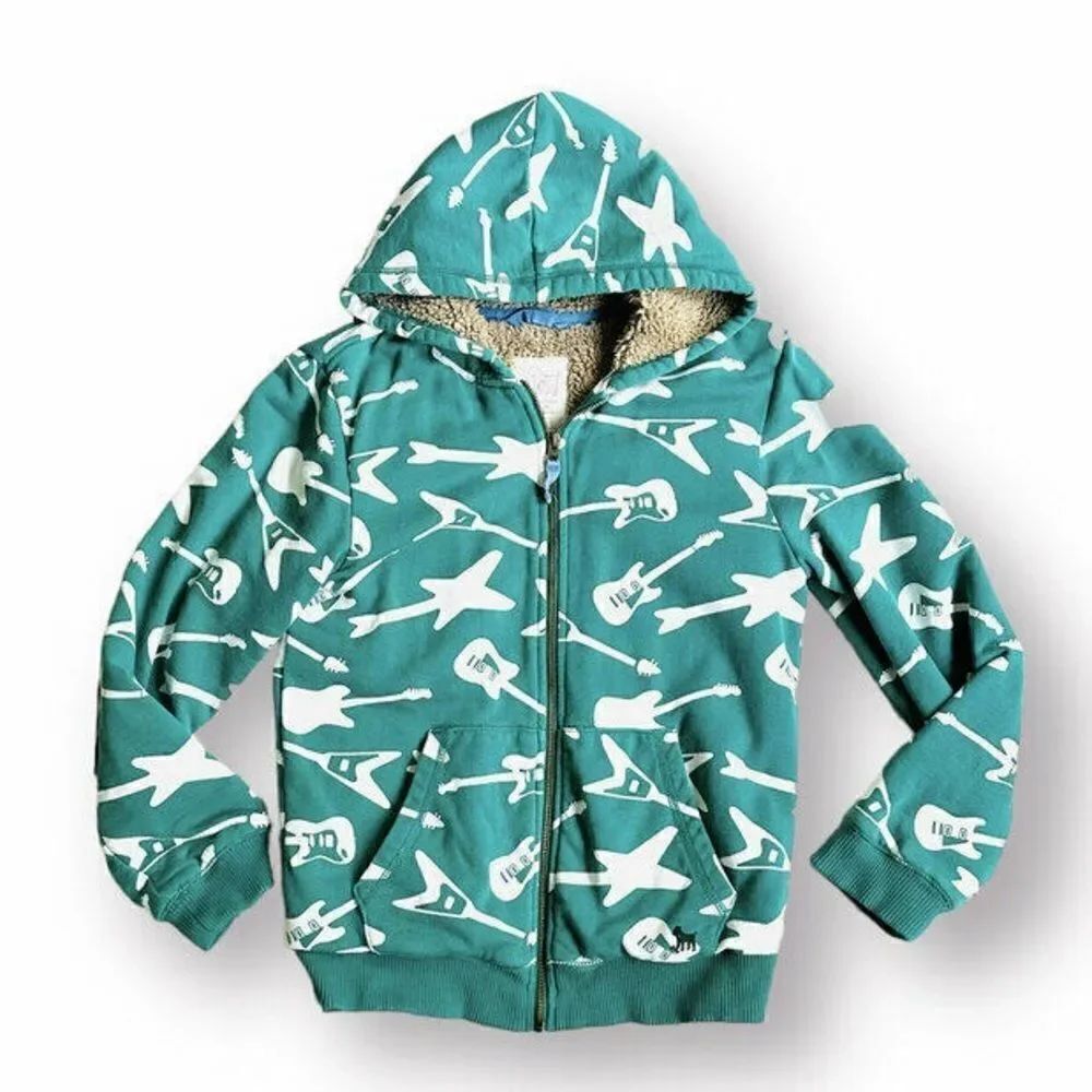 Mini Boden | Green Guitar Zip Up Sherpa Lined Sweatshirt Jacket Hoodie | 7-8